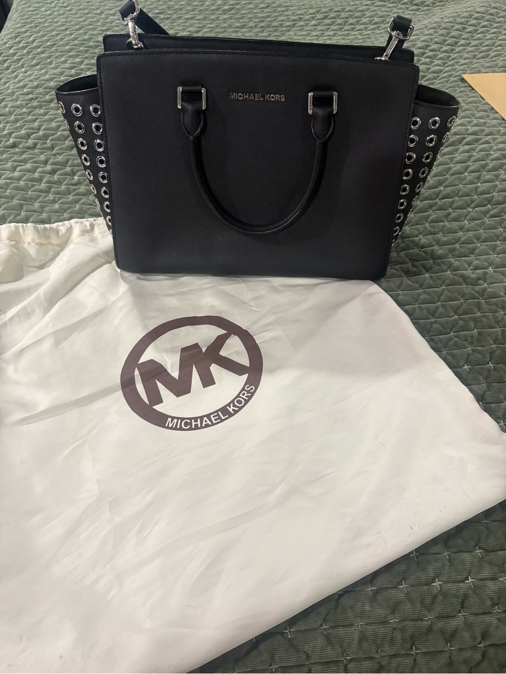 Michael Kors Black Grommet Selma studded Leather handbag purse